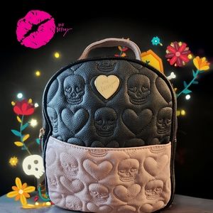 Betsey Johnson Mini Quilted Leather Backpack Purse Hearts & Skulls | Rare